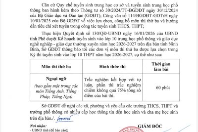 THÔNG BÁO MÔN THI THỨ BA CỦA SỞ GIÁO DỤC ĐÀO TẠO NINH BÌNH